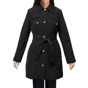 London Fog Black Trench Coat with Hood. Inside fully lined.  Size XL!! Take a 👀!